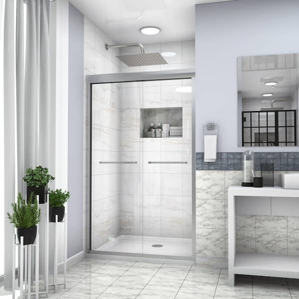 48 in. W x 76 in. H Double Sliding Framed Shower Door in Brushed Nickel Finish with Clear Glass
