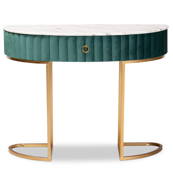 Baxton Studio Beale 40 in. Green/Gold Specialty Faux Marble Console Table with Drawer