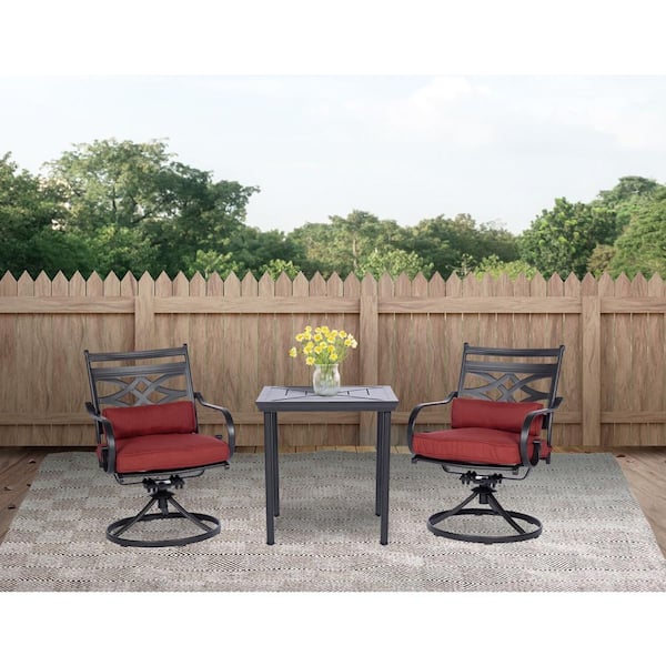 Hanover Montclair 3-Piece Steel Outdoor Bistro Set with Chili Red Cushions, 2 Swivel Rockers and 27 in. Table