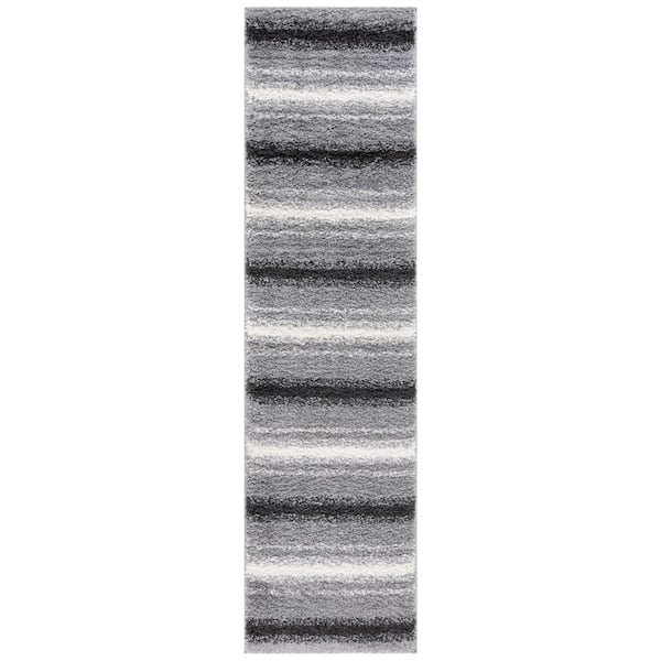 Border and Stripe Shag 2 ft. x 8 ft. Gray/Black Faded Striped Runner Rug