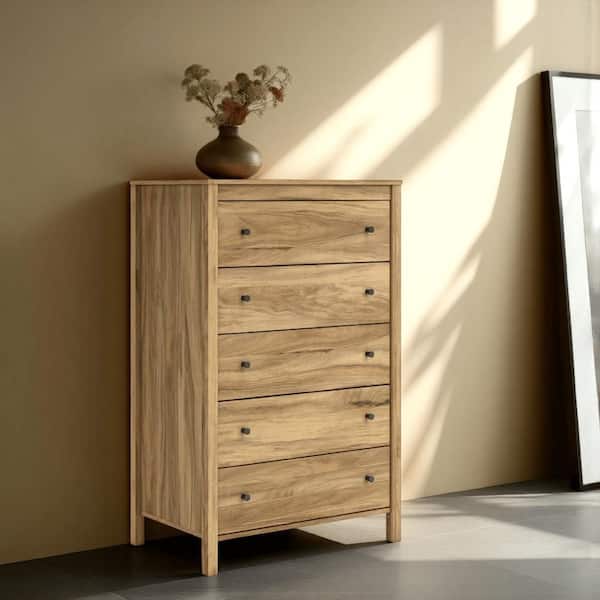 Maci Natural Brown 5-Drawer 31.61 in. Wide Tall Chest of Drawers Dresser Without Mirror
