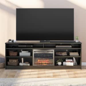 Hendrix 75 in. TV Stand with Electric Fireplace Insert and 6 Shelves, Black Oak