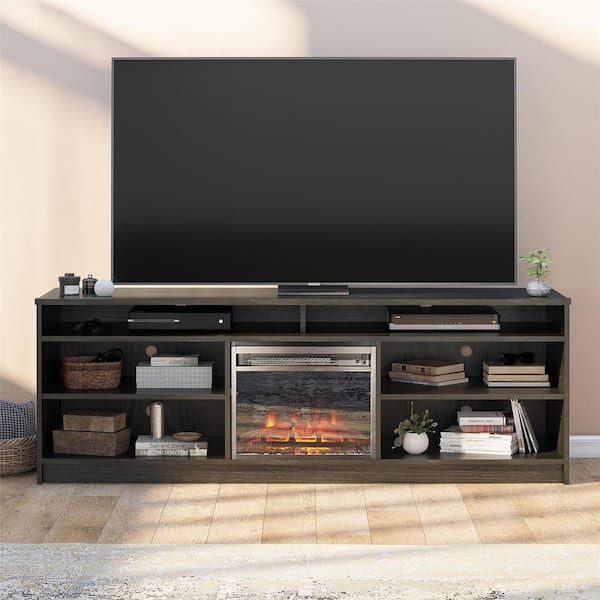 Ameriwood Home Hendrix 75 in. TV Stand with Electric Fireplace Insert and 6 Shelves Black Oak DE85963
