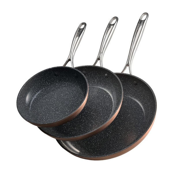 3-Piece Grey Aluminum Nonstick Egg Fry Pans with Heat-Resistant Handle for Gas, Electric, Induction, Frying Pan Skillet