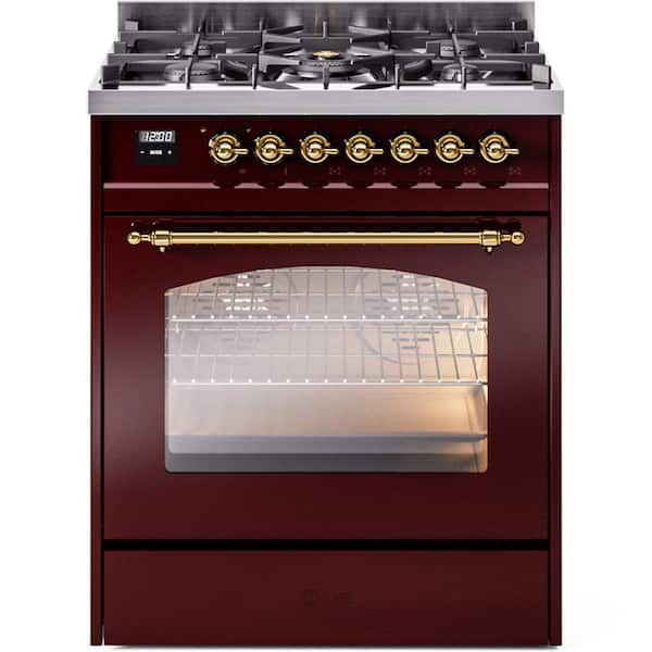 Nostalgie II 30 in. Dual Fuel Natural Gas Range with 5 Burners, Brass Trim in Burgundy