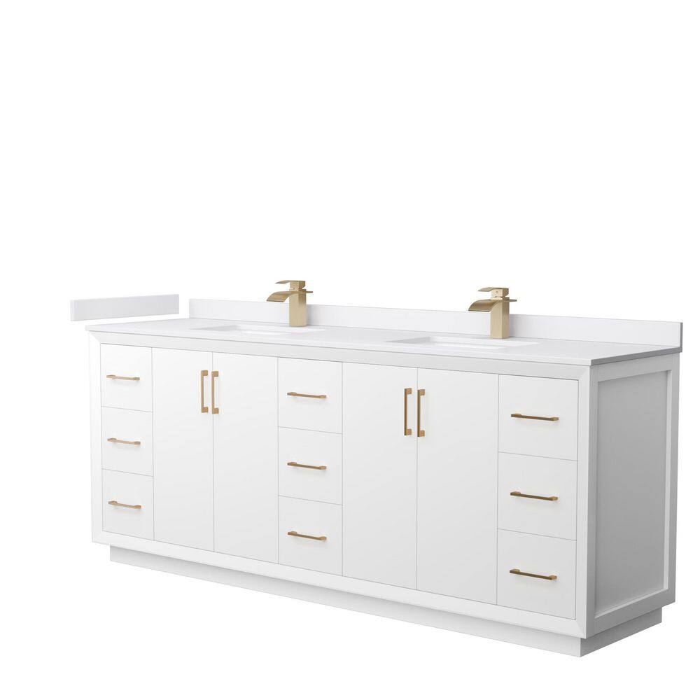 Wyndham Collection Strada 84 in. W x 22 in. D x 35 in. H Double Bath Vanity in White with White Cultured Marble Top, White with Satin Bronze Trim -  WCF414184DWZWCUNSMXX