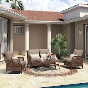 4-Piece Outdoor Conversation Sets Wicker Rattan Furniture with 3 Chairs and 1 Coffee Table with 4-Persons