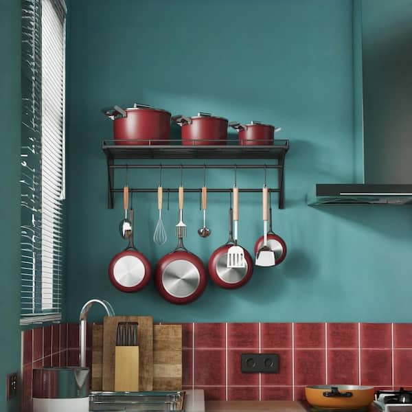 23 in. Wall Mounted Pot Rack Storage Shelf with 2 Tier Hanging Rails 12 S Hooks for Utensils, Cookware, Plant, Black