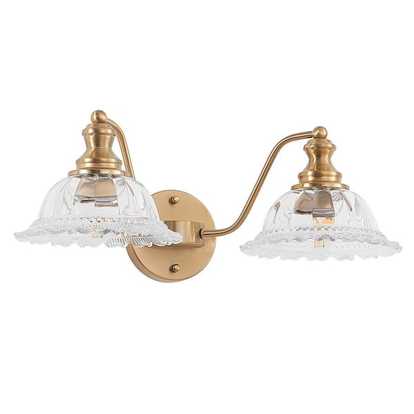 20 in. 2-Light Gold Vintage Bathroom Vanity Light with Elegant Petal Glass Lampshade (Bulb Not Included)
