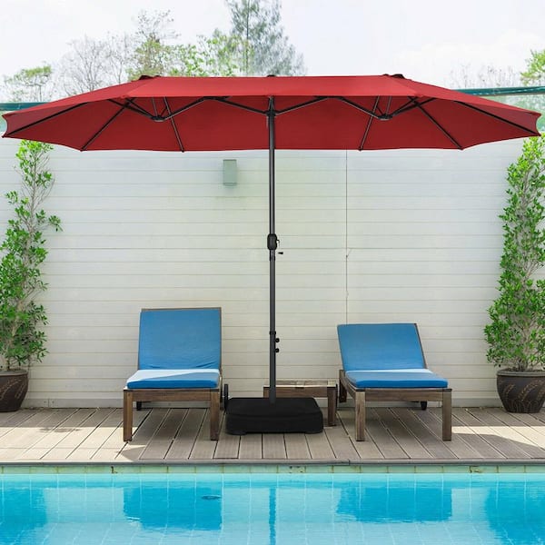 15 ft Double-Sided Patio Umbrella Market Twin Umbrella w/Enhanced Base Wine