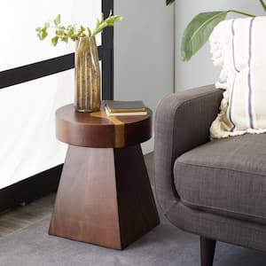 16 in. Brown Medium Round Wood End Accent Table with Block Style Base
