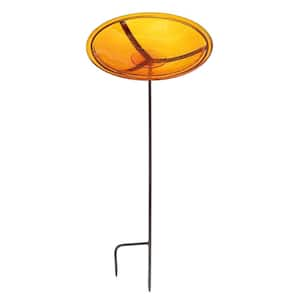 14 in. Dia Mandarin Orange Reflective Crackle Glass Birdbath Bowl with Stake