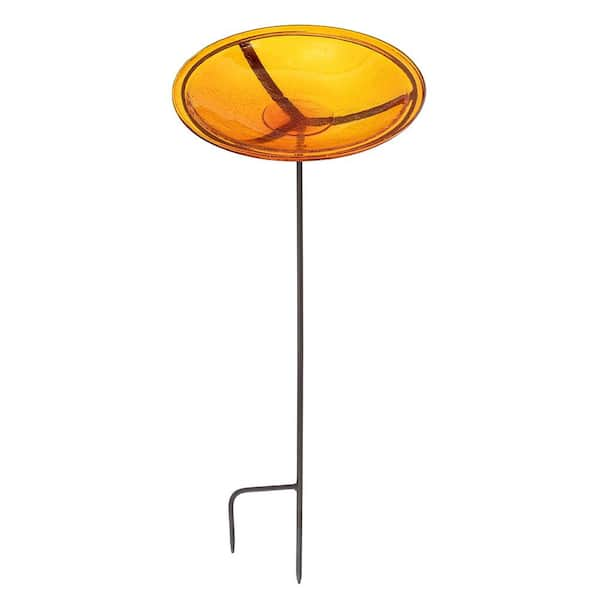 ACHLA DESIGNS 14 in. Dia Mandarin Orange Reflective Crackle Glass Birdbath Bowl with Stake