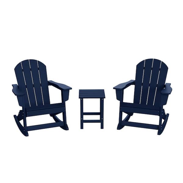 Laguna 3-Piece Fade Resistant Outdoor Patio HDPE Poly Plastic Adirondack Rocking Chairs and Side Table Set, Navy Blue