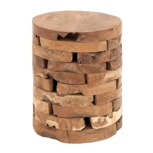 14 in. Light Brown Cylinder Wood Handmade Live Edge End Table with Brick Inspired Design