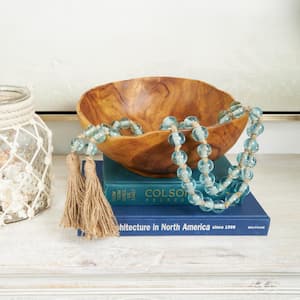 Light Blue Handmade Glass Round Long Beaded Garland with Tassel with Knotted Brown Jute