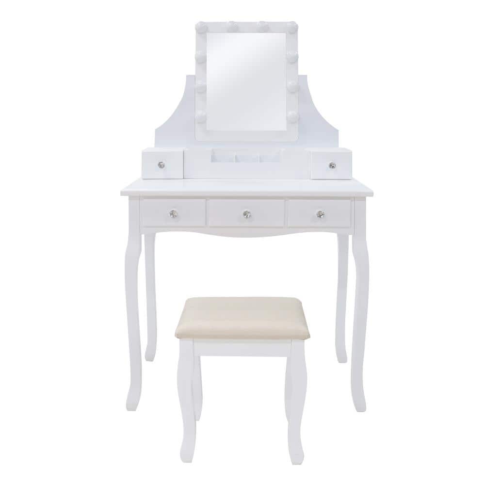 VEIKOUS Modern Wooden White Makeup Vanity Sets with Rectangle LED Light