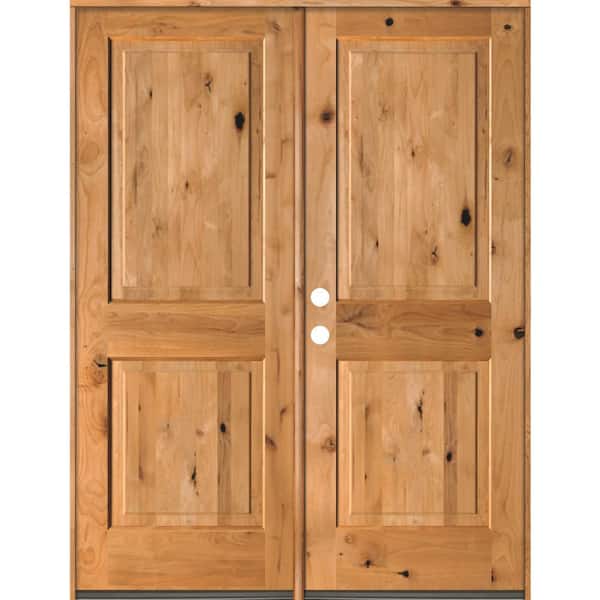 64 in. x 80 in. Rustic Knotty Alder 2-Panel Square Top Clear Stain Right-Hand Inswing Wood Double Prehung Front Door
