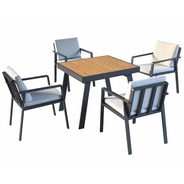 DIRECT WICKER Wash 5-Piece Aluminum Square Outdoor Dining Set with 4 Chairs and Gray Cushions