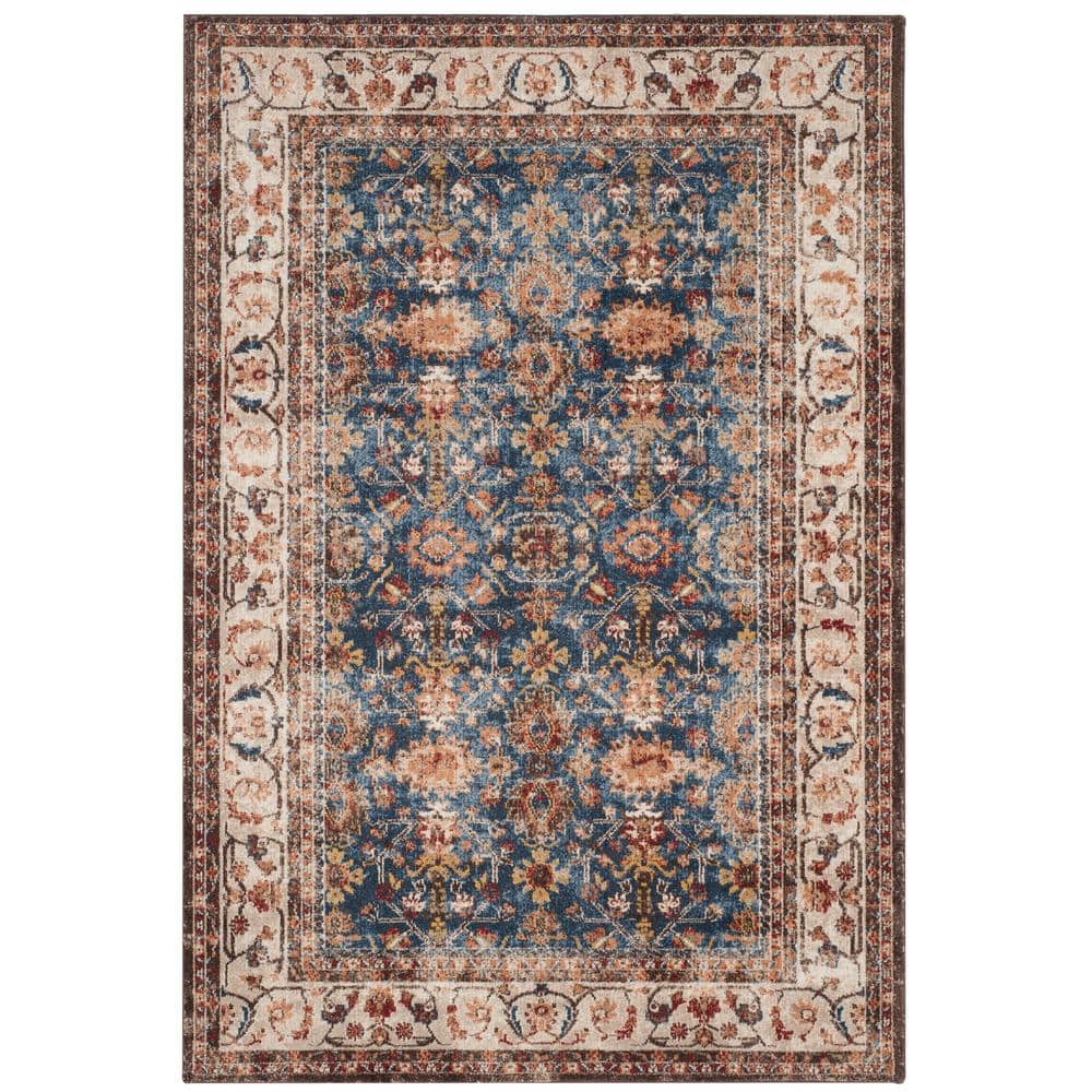 Royal Blue and Ivory Floral Motif Area Rug