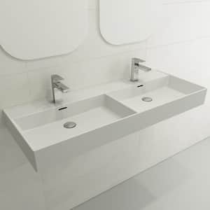 Milano Wall-Mounted Matte White Fireclay Rectangular Double Bowl for Two 1-Hole Faucets Vessel Sink with Overflows