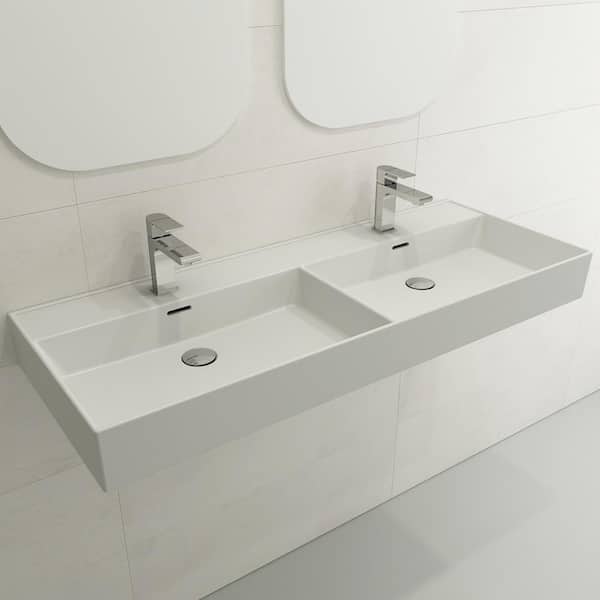 BOCCHI Milano Wall-Mounted Matte White Fireclay Rectangular Double Bowl for Two 1-Hole Faucets Vessel Sink with Overflows