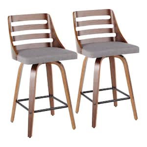 Trevi 36.25 in. Counter Height Bar Stool in Grey Fabric and Walnut Wood (Set of 2)