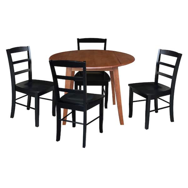 International Concepts 5-Piece Set, Distressed Oak/Black 42 in Solid Wood Drop-leaf Leg Table and 4-Madrid Chairs