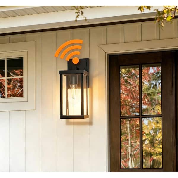 12.5 in. Black Dusk to Dawn Classic Lantern Outdoor Wall Sconce Clear Glass, Bulb Included