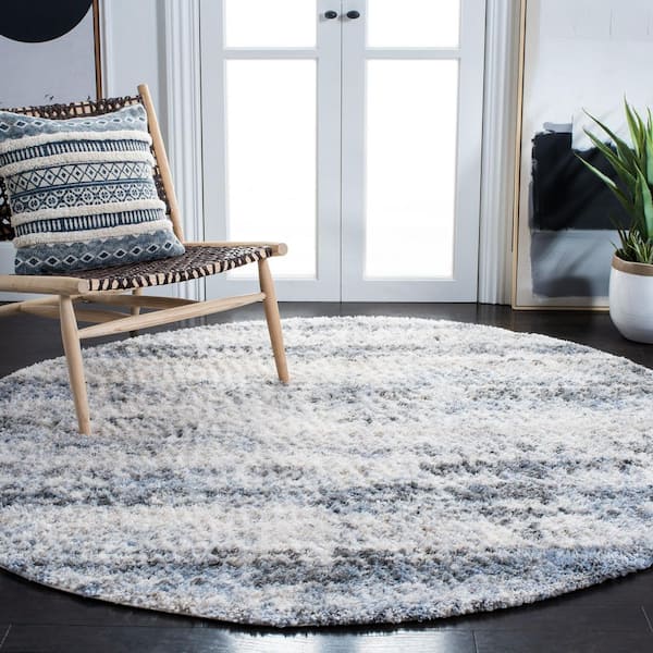 Berber Shag 3 ft. x 3 ft. Ivory/Gray Abstract Distressed Round Area Rug