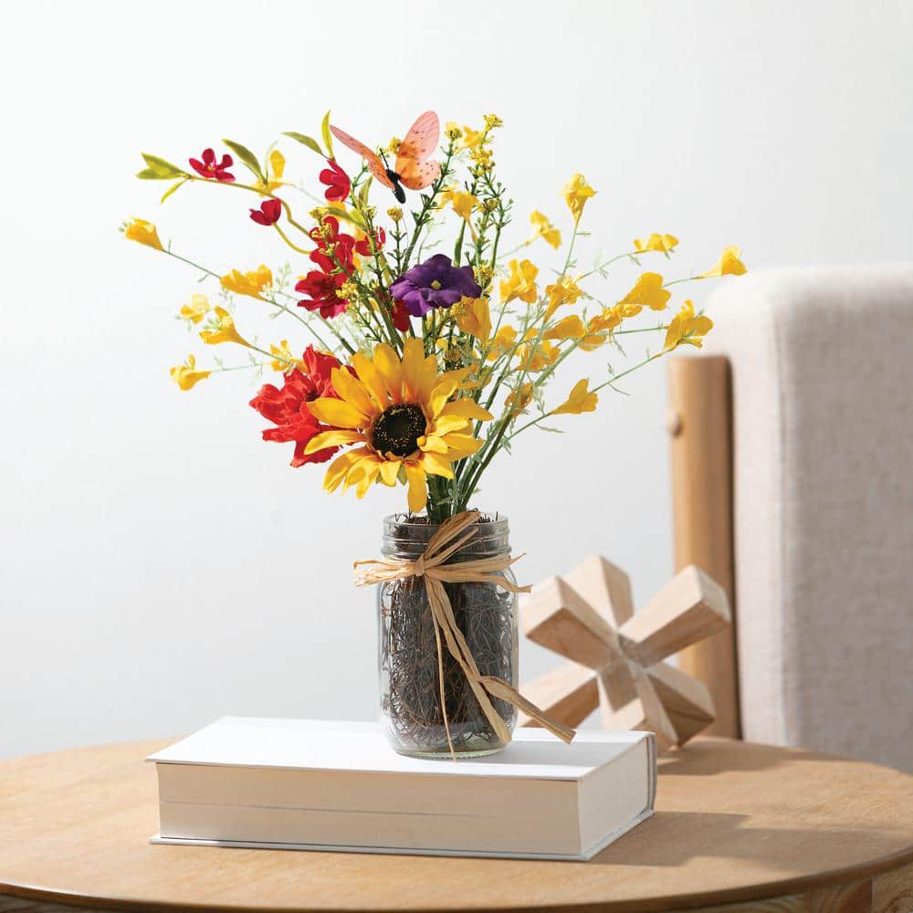 Vibrant Yellow and Red Silk Wildflower Arrangement in Glass Jar