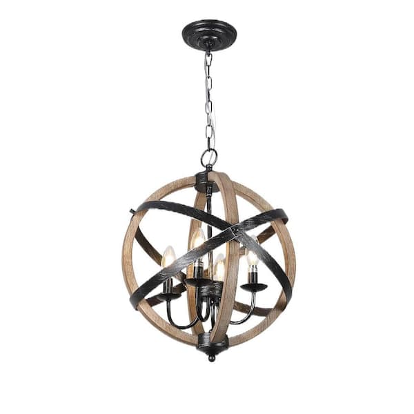 4-Light Brown Farmhouse Chandelier Light Fixtures with Height Adjustable, Rustic Wood Light Fixtures Ceiling Hanging