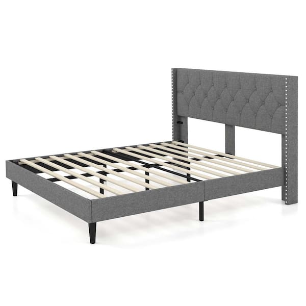 Costway Gray Queen Upholstered Wood Frame Full Platform Bed with Button Tufted Headboard Mattress Foundation