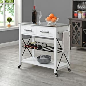 Aurora Farmhouse White Rolling Kitchen Cart with Stainless Steel Top