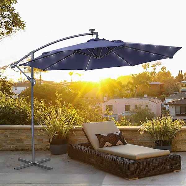 Tidoin 10 ft. Steel Cantilever Umbrella Solar Tilt Patio Umbrella in Dark  Blue with Cross Base and 32 LED Lights SM-YDJUX-4LLED - The Home Depot