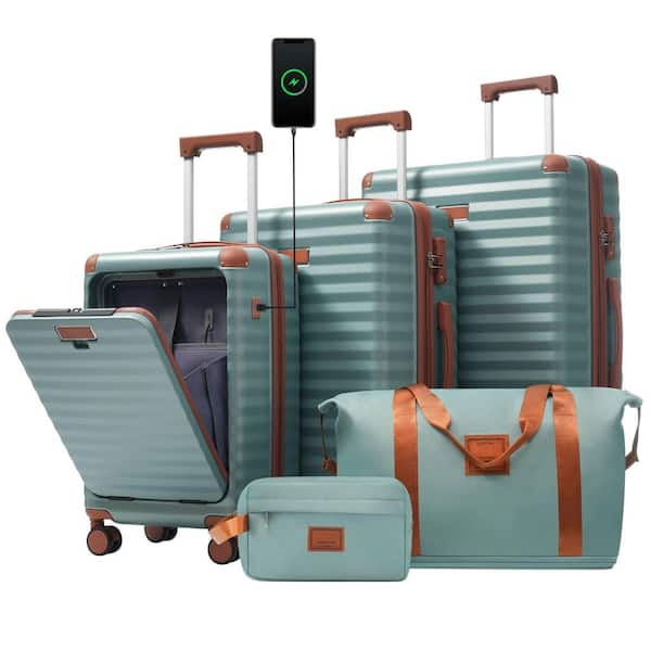 5-Piece Antique blue green Hardside Luggage Set w/ Spinner Wheels TSA Lock USB PortCup Holder & Toiletry Bag