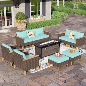 Brown Rattan Wicker 9 Seat 10-Piece Steel Outdoor Patio Conversation Set with Blue Cushions, Rectangular Fire Pit Table
