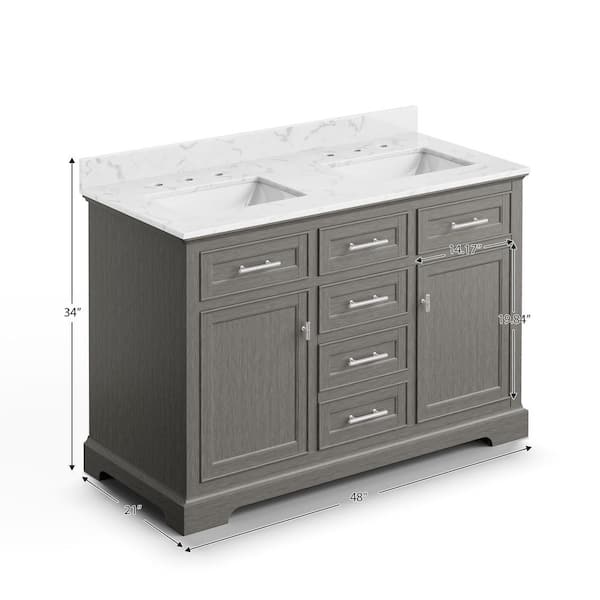 48 in. Gray Wood Double Sink Freestanding Bathroom Vanity with White Ceramic Top