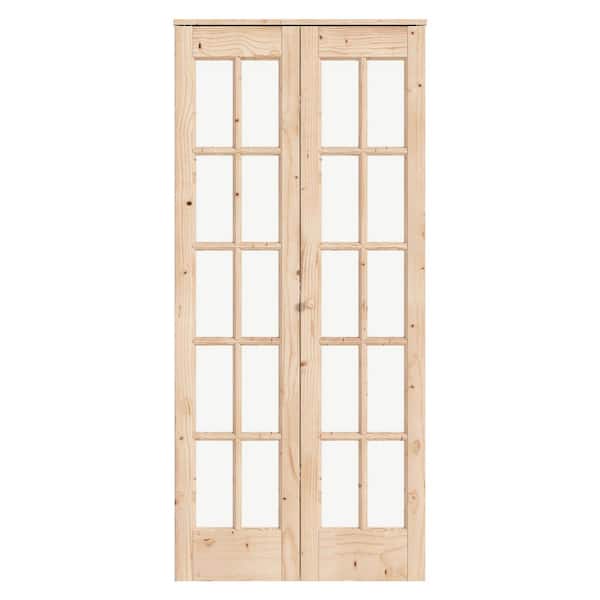 42 in. x 80 in. Pre Assembled Clear Glass Solid Core Wood Spruce Brown Bi-Fold Door with Hardware