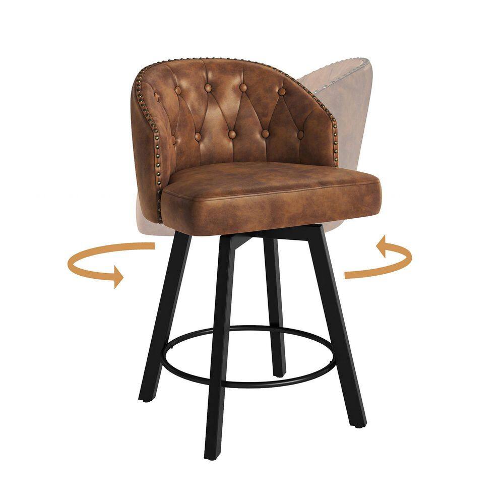 Front view of a brown faux leather swivel bar stool showing the swivel function.