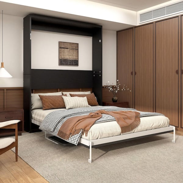 Modern Black Wood Frame Queen Size Murphy Bed with Wall Bed, Desk