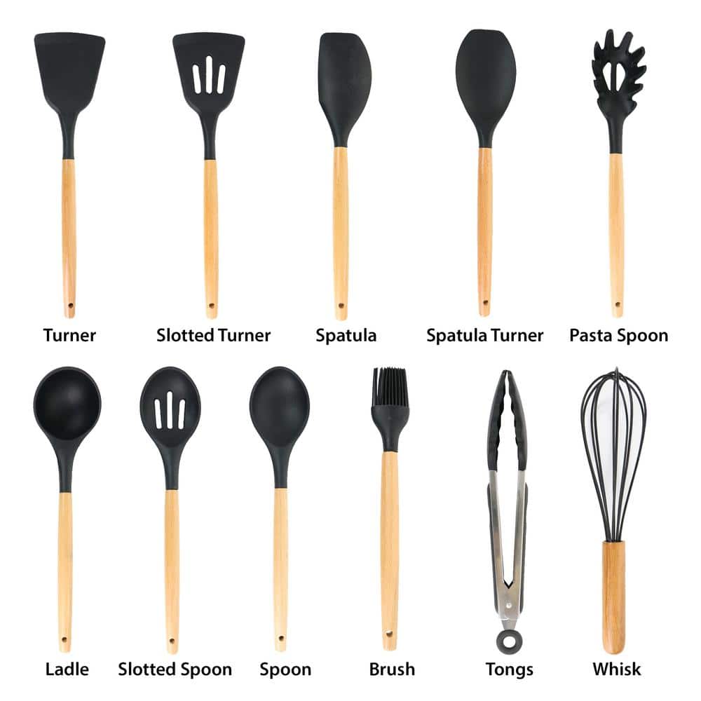 MegaChef 12 Piece Black Silicone and Wood Cooking Utensil Set