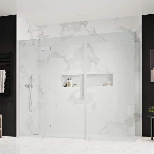 OVE Decors Tampa 80 1/8 in. W x 72 in. H Rectangular Pivot Frameless Corner Shower Enclosure in Satin Nickel