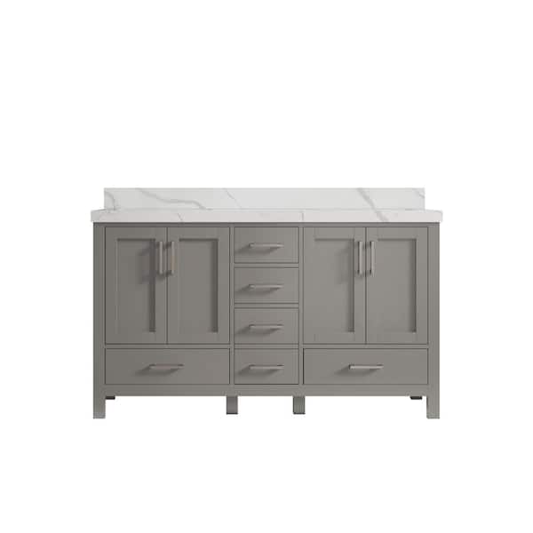 Willow Collections Malibu 60 in. W x 22 in. D x 36 in. H Double Sink Bath Vanity in Gray with 2 in. Calacatta Quartz Top