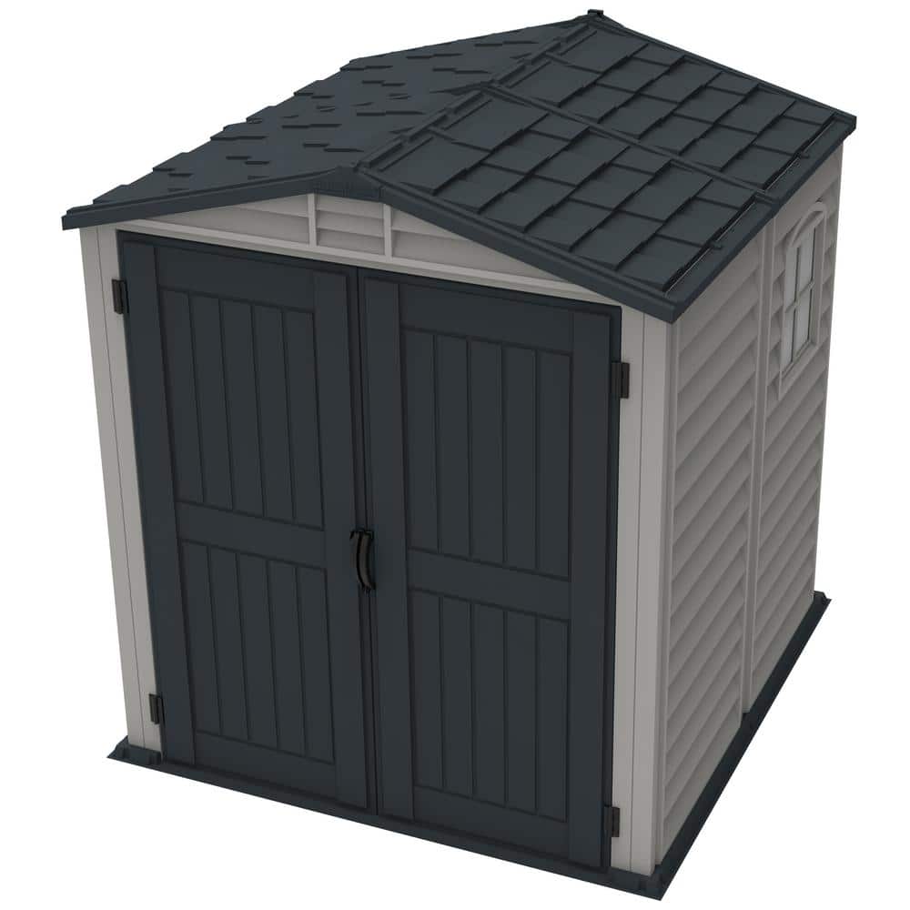 Gray Vinyl Resin Storage Shed with Shelving and Windows