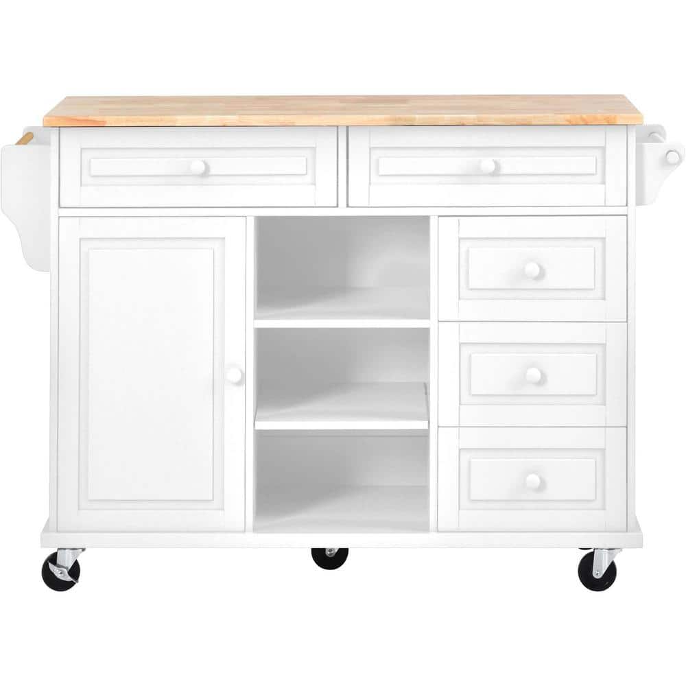 White Wood 53 in. W rolling mobile Kitchen Island with storage, Towel Rack 