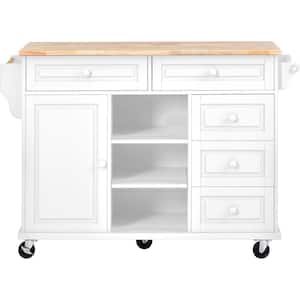 White Wood 53 in. W rolling mobile Kitchen Island with storage, Towel Rack and 5-Drawers, and 5-Wheels