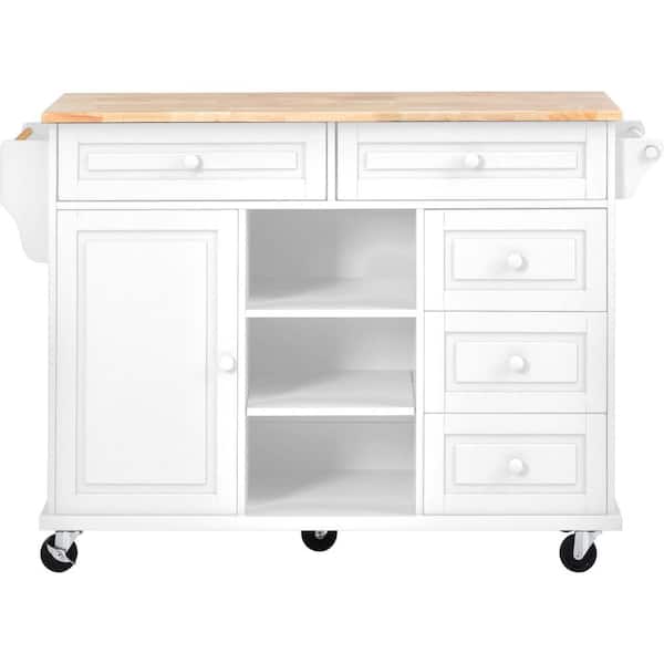Unbranded White Wood 53 in. W rolling mobile Kitchen Island with storage, Towel Rack and 5-Drawers, and 5-Wheels