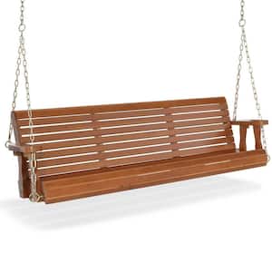 5 ft. 3-Person Brown Wood Porch Swing with Adjustable Chains and Treated PU-Painted Surface, Support Up to 880 lbs.