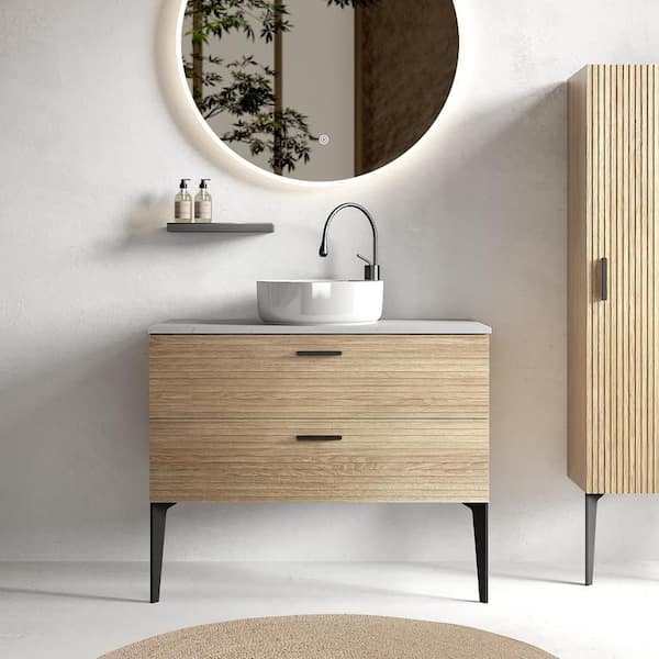Aaby 36 in. W x 19 in. D Wall Mounted Floating Bath Vanity Cabinet in Brown with White Engineered Stone Top and Sink